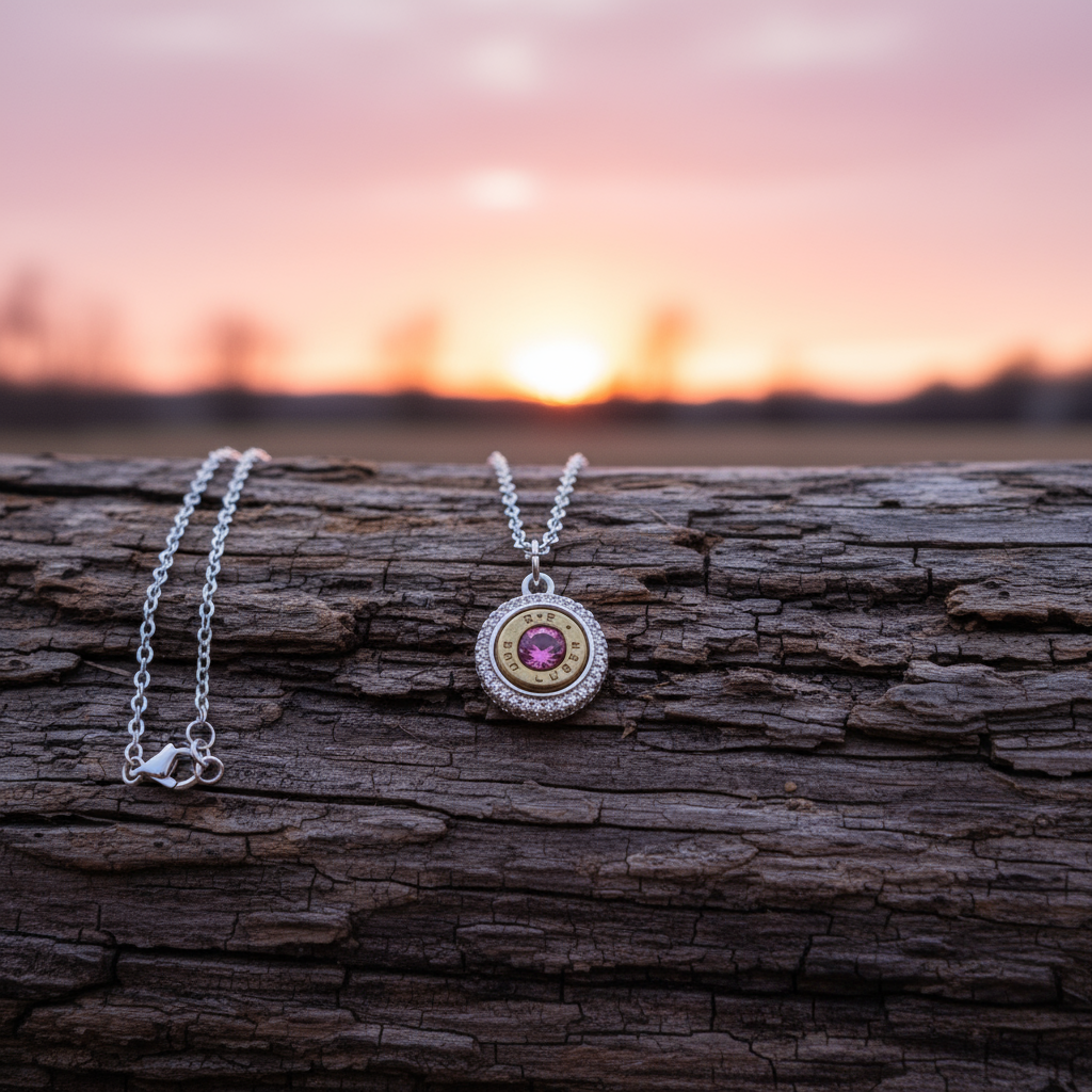 Necklace with a round pendant featuring a pink gemstone on a log with a sunset